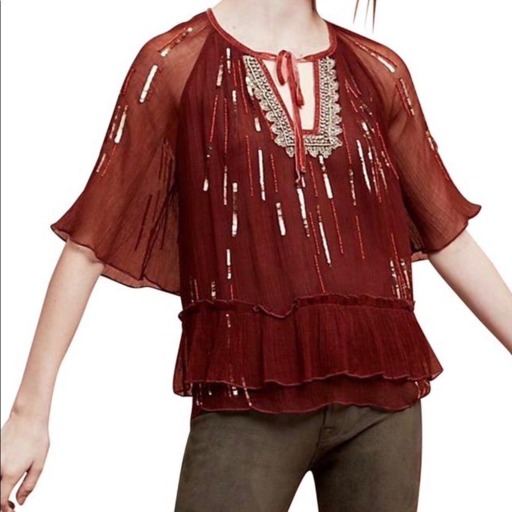 Anthropologie Floreat Boho Burgundy Sequin Blouse